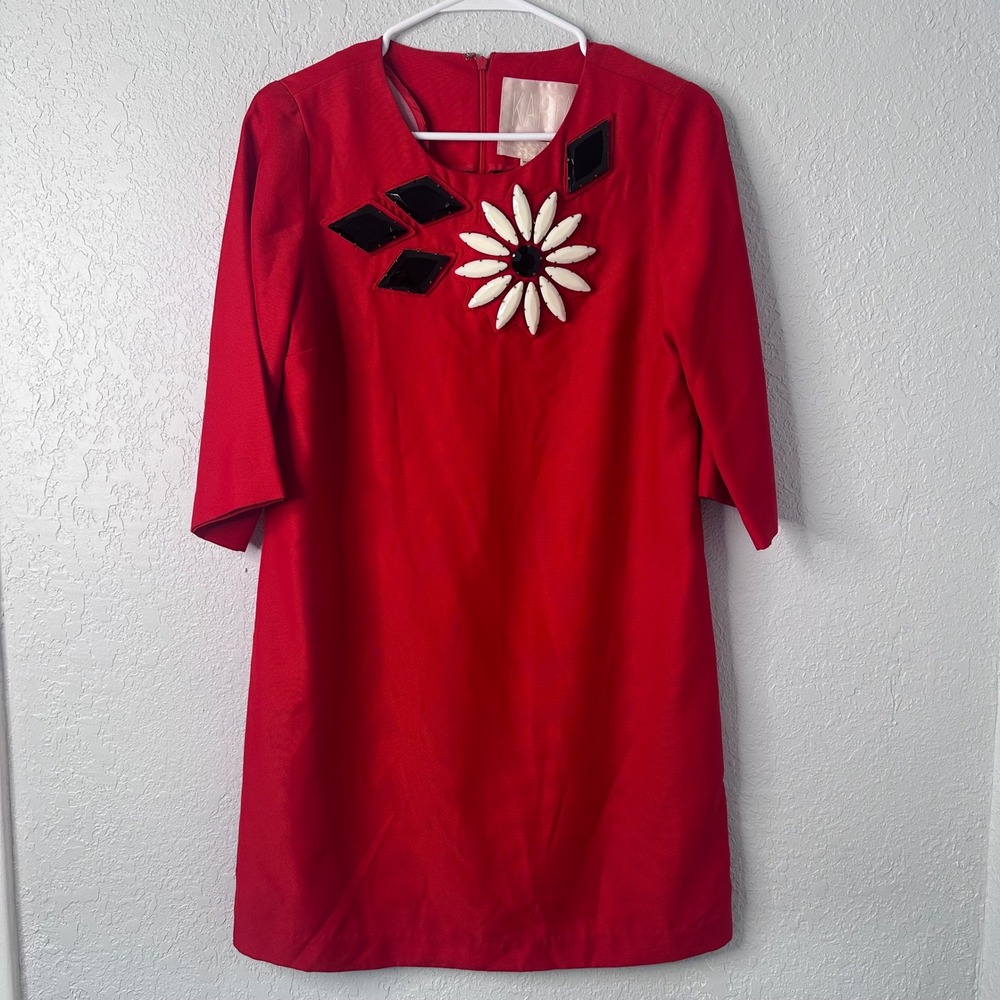 Karta‎ Red Embellished Floral Shift Dress Mod Style 3/4 Sleeve Womens Large